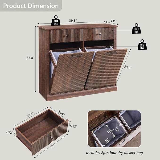 Modern Double Tilt-Out Laundry Hamper Cabinet, 20 Gallon Fluted Trash Can Cabinet w/2 Drawers, Wooden Hidden Garbage Can Cabinets w/Laundry Basket, Free Standing for Bathroom and Kitchen, Brown