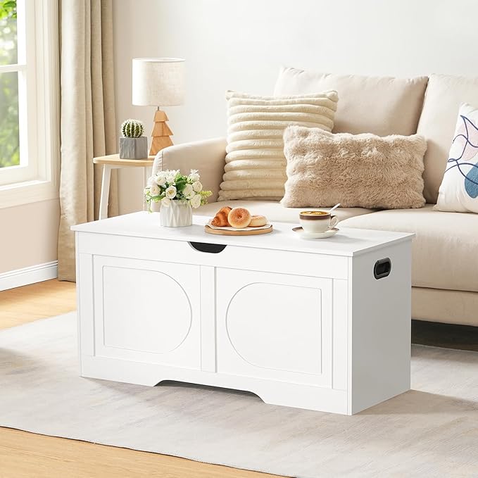 Storage Chest, 39.4” Toy Box, Entryway Storage Trunk, Shoe Bench with Storage, Engineered Wood Storage Cabinet with 2 Safety Hinges, Entrance Bench for Living Room, White SCWT2001