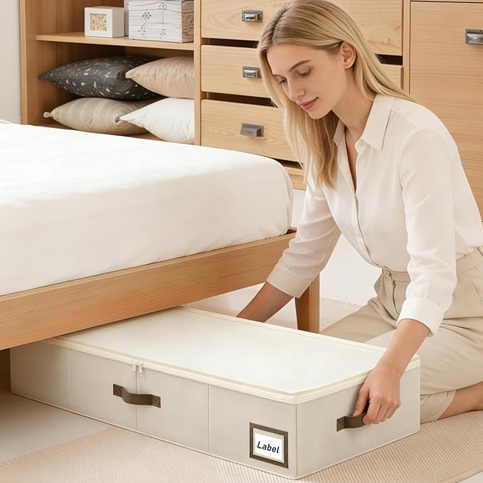Cupic Cupid Under Bed Storage Containers, Foldable Organizer with Lid for Bedroom, Underbed Storage Box for Blankets, Clothes, Shoes, 2 Pack, Beige