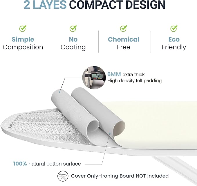 Ironing Board Cover and Pad 15"x54" Extra Thick Natural Cotton, Scorch and Stain Resistant Padding,Standard Size Iron Board Cover with Fasteners Heavy Duty Elastic Edge, Beige