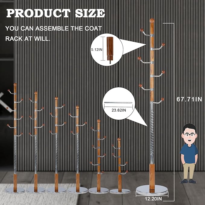 Coat Racks FreeStanding with 11 Hooks, Natural Wood Coat Rack with Solid Round Base, Adjustable Height Coat Racks, Easy Assembly for Hallway, Bedroom and Office (Solid Wood Metal Hook)