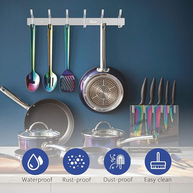Wall Mounted 16 inch Coat Hanger Rack 6 Hooks Aluminum Alloy Silver for Kithchen Bathroom