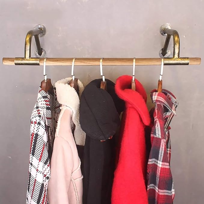 Industrial Wood Wall Clothes Hanging Rod,Iron Pipe Bracket Clothes Rod Garment Rack Commercial Clothing Display Rack (Color : Gold, Size : 80x29x16cm)