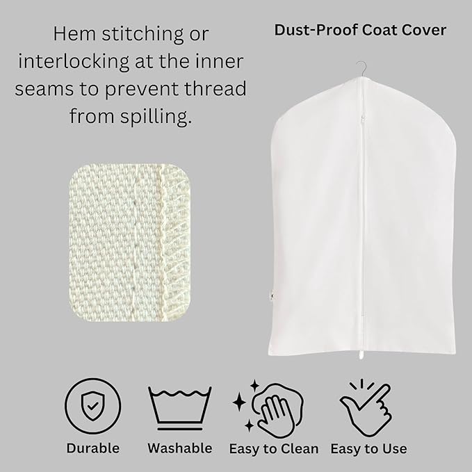 Premium 100% Cotton Garment Bags – 48" Off-White Canvas Suit Cover with YKK Zipper – Breathable, Dust-Proof Storage for Suits, Coats, Dresses, Jackets & Travel/Closet Use