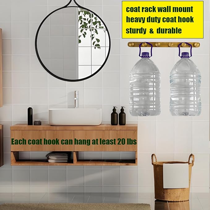 Brushed Gold Wall Mounted Coat Rack [2 Pack Set], 304 Stainless Steel Heavy Duty Hook Rack with 6 Hooks, Wall Mount Organizer for Bathroom, Kitchen, Entryway (Drilling Installation)