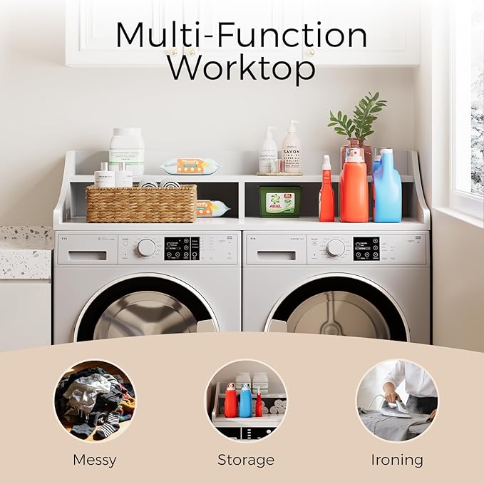 2-Tier Washer Dryer Topper, 54" x 27.6" Washer Dryer Countertop with Non-Slip Mat, Laundry Room Organizer with Storage Shelf for Folding & Sorting Clothes,White