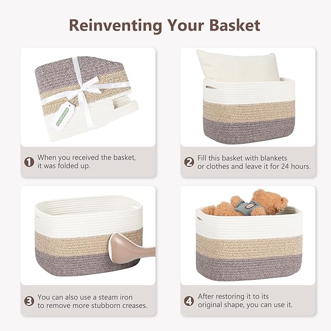 Cotton Rope Basket, Storage Baskets with Handle, 15x10x9 Inch Woven Basket for Shelves, Laundry, Towels, Clothes, Books (White Brown 2 Pack)