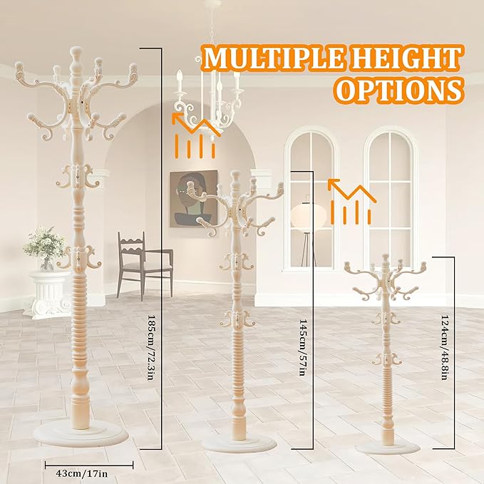 Coat Rack Stand Wood Vintage Coat Tree Freestanding with Adjustable Height 47’’-73’’, Cloth Tree Wooden Coat Freestanding for Entrance, Living Room