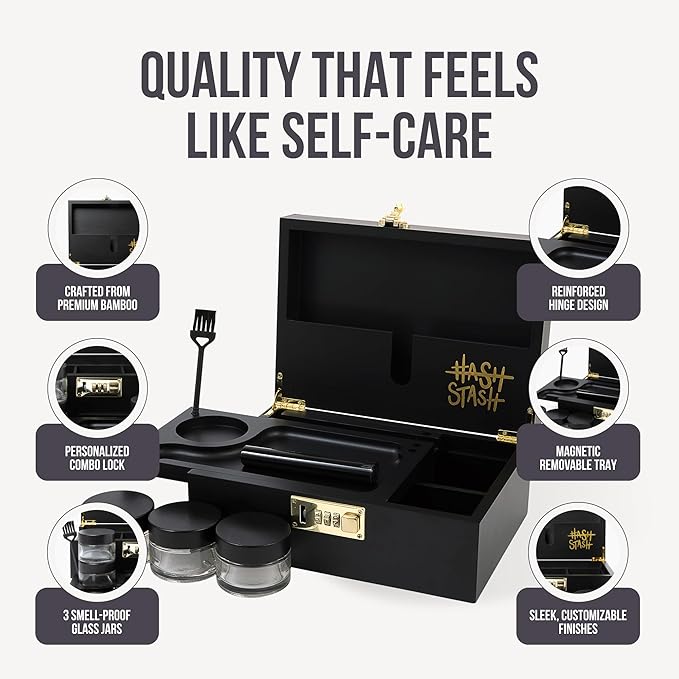 HASHSTASH The OG Storage Box - Large Bamboo Box with Combination Lock, Magnetic Lid, Organizer Tray, Airtight Tube and 3 Jars - Discreet Decorative Locking Wooden Box with Accessories (Black/Gold)