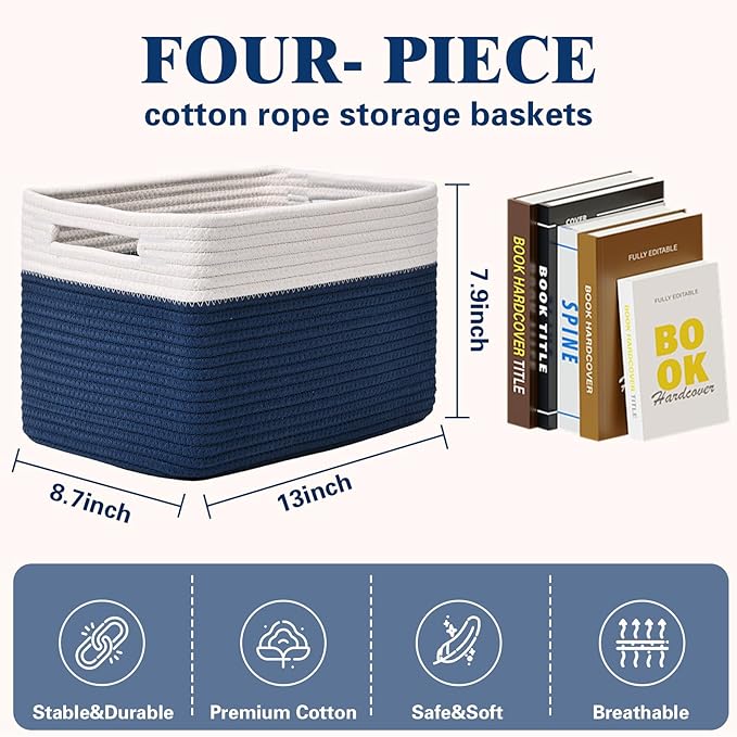 Storage Baskets for Organizing, 4 Pack Baskets for Shelves, Decorative Storage Bins for Shelves, Cotton Rope Storage Basket with Handles, Woven Basket for Storage, 13''Lx8.7''Wx7.9''H, White & Blue
