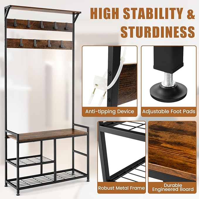 S AFSTAR 3-in-1 Storage Benches Coat Rack with Storage Shelf & 9 Movable Hooks, Industrial Hall Tree with Shoe Bench, Anti-Tipping Device, Shoe and Coat Rack for Entryway Living Room Bedroom, Brown