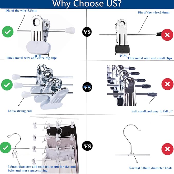 13 Inch White Heavy Duty Add-on Stackable Metal Hanger for Trousers Pants Skirt with Extra Strong Clips Pack of 20