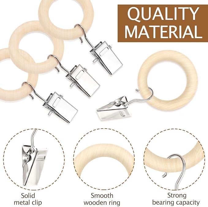 POVETIRE 30 Pack 2.5 Inch Wood Rings with Clips for Hanging Baby Headband Hair Accessories Baby Bib NecklaceJewelry Hat Holder