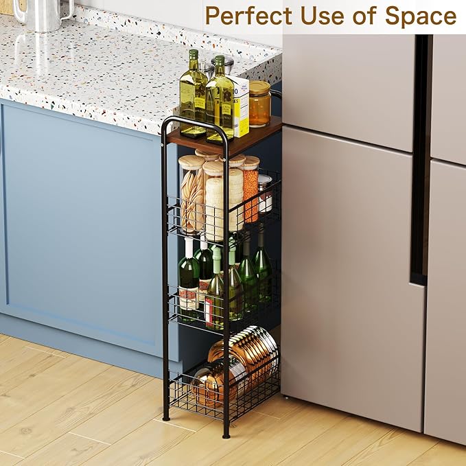wonline 4 Tier Slim Metal Storage Cart with Walnut Wood Top Kitchen Organizer Shelf Fruit Basket Stand for Small Spaces Office Bathroom Laundry Room