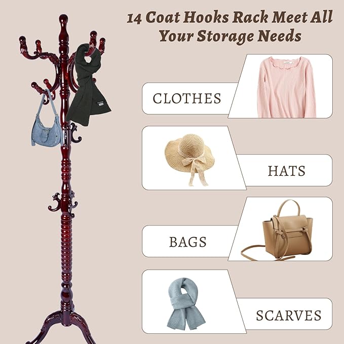Wooden Coat Rack Freestanding with Resin Hooks, Adjustable Heavy Duty Stand for Hanging Coats, Bags, Hats, and Umbrellas in Living Room, Bedroom, Entryway (Tripod-Rosewood color)