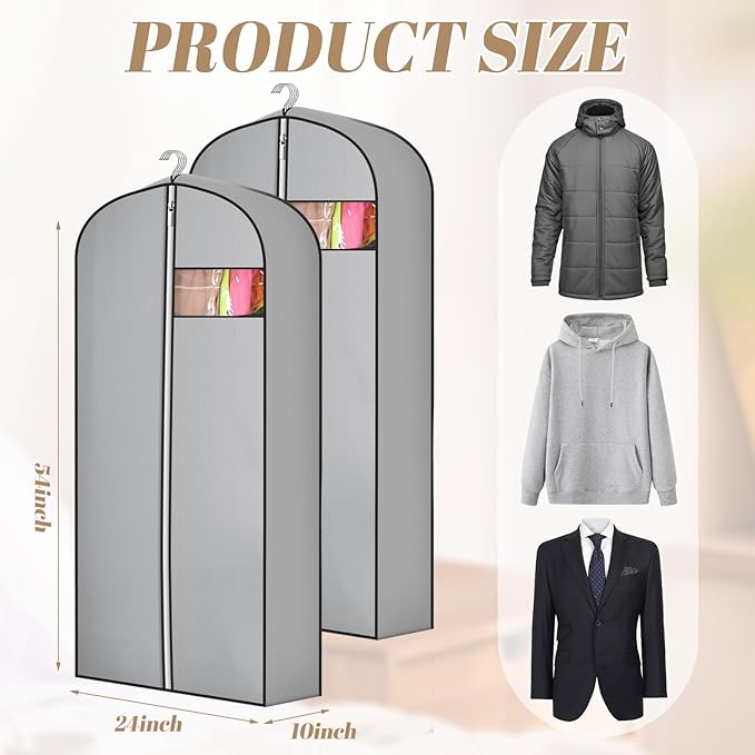 2 Pcs 10" Gusseted Garment Bags for Hanging Clothes Dress Bags for Gowns Long Closet Waterproof Garment Covers Wedding Dress Cover Traveling Clothes Protector(Gray,54 Inch)