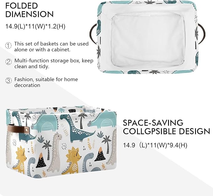 Dino Scandinavian Style Rectangle Storage Bin, 15 x 11 x 9.5 in, Collapsible Organizer Storage Basket for Home Décor，2PACK