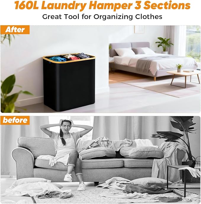 160L Laundry Hamper 3-Section, Laundry Basket with Lid, Dirty Clothes Basket, Laundry Basket Organizer with 5 Sorting Labels and 2PCS Laundry Bags for Bedroom, Dormitory, Laundry Room