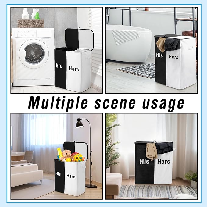 154L Large Double Laundry Hamper with Lid and Removable Bags Laundry Basket 2 Section Collapsible Dirty Clothes Hamper for Bathroom Bedroom for Husband&Wife Parents or Couple(His Hers)