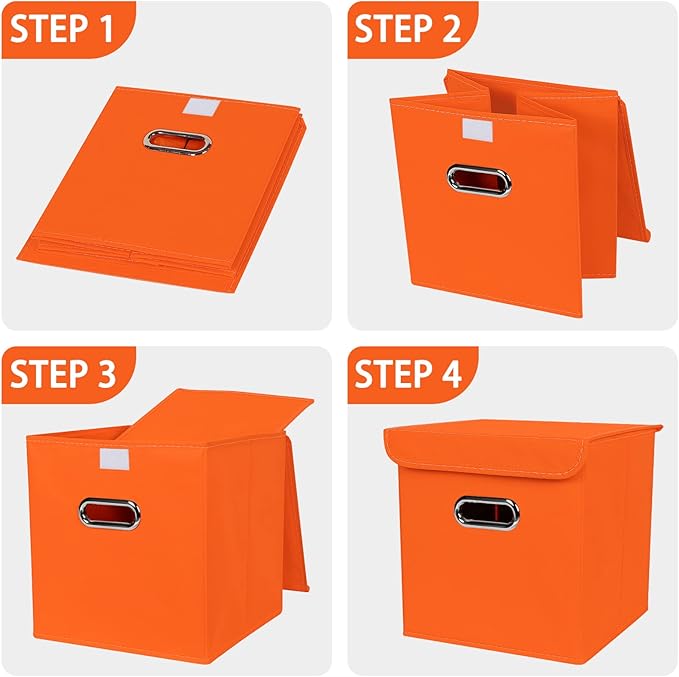 Closet Organizers Fabric Storage Bins With Lids Collapsible Cube Storage Organizer Basket With Handles,Storage Boxes for Clothes Storage,Office,Laundry,Shelves,6 Pack,（Orange）