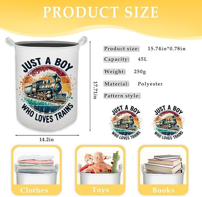Just a Boy Who Loves Trains Laundry Basket, Toybox for Boys, Gifts for Train Lovers Enthusiasts Laundry Hamper Waterproof Collapsible Storage Bin Organizer for Bedroom Bathroom Dorm Clothes Toys