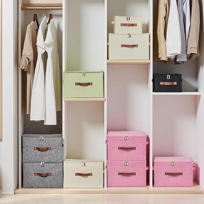 2 Pack Storage Bins with Zipper Lid Cotton Linen Fabric Lidded Storage Baskets Boxes Foldable Washable Closet Shelf Clothes Organizer Container with PU Leather Handles (Pink, Large)