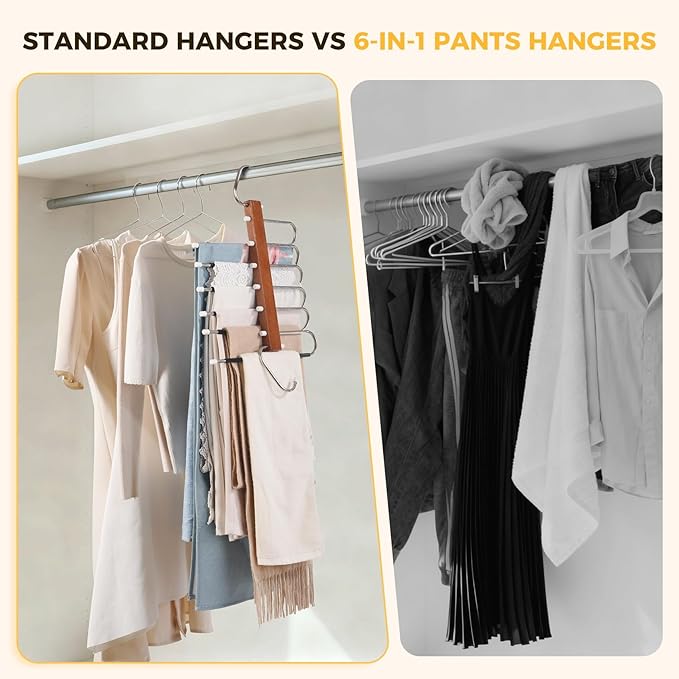 Pants Hangers Space Saving, 2 Packs Wooden Closet Organizer, Anti-Slip Design Leggings Hanger, Multi-Layer Clothing Pant Rack for Jeans, Trousers, Skirts, Scarves & Slacks