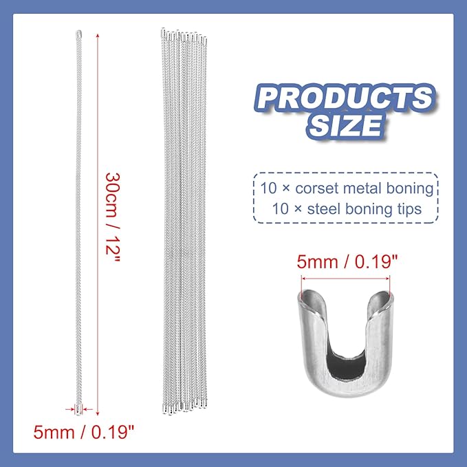 PATIKIL 10 Pcs 12 Inch 304 Stainless Steel Metal Steel Spiral Corset Boning, Metal Boning with 10pcs 5mm Boning Tips for Sewing Corset, Making Costume,Hoop Skirt, Collar (5mm Wide)
