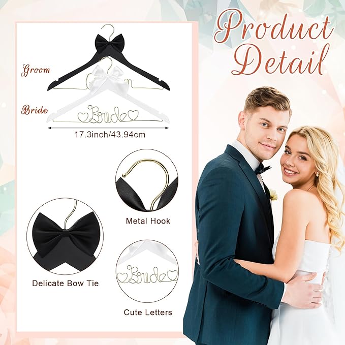 2 Pcs Wire Bride Hanger and Groom Wedding Wooden Hanger with Letter and Bow Tie for Tuxedo Suit Bridesmaid Bridal Wedding Gift Bridal Party Shower