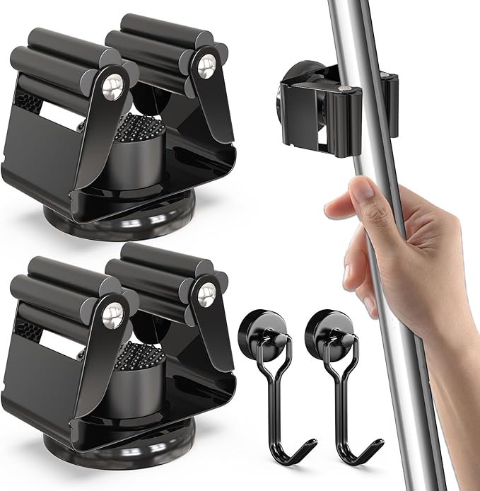 3-H Magnetic Broom Holder 4 Piece, 304 Stainless Steel Broom Holder Wall Mount, No Drilling Magnetic Tool Holder with 2 Mini Magnetic Hooks for Garage Garden Laundry Kitchen, Black