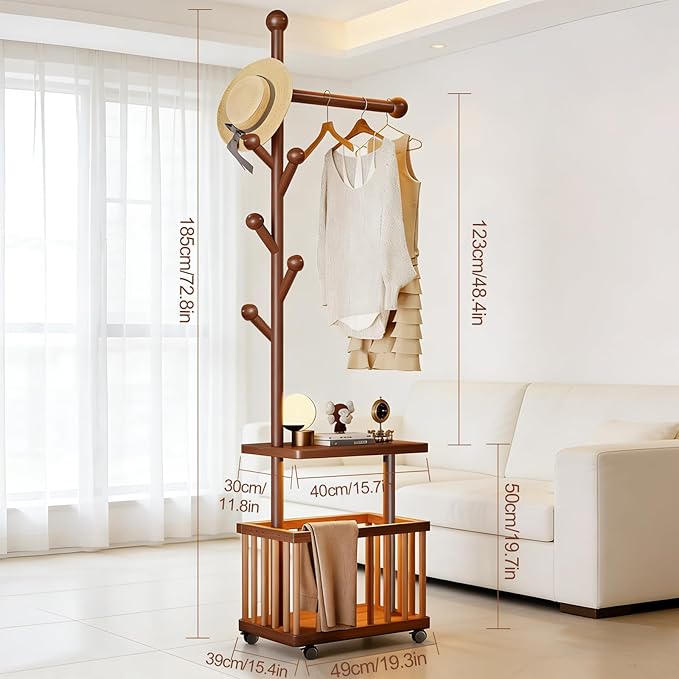 Solid Wood Coat Rack Clothes Rack, Coat Rack Freestanding with Storage Basket Heavy Duty Coat Tree for Entryway, Living room, Coat Hanger Stand for Hats, Bags Clothes