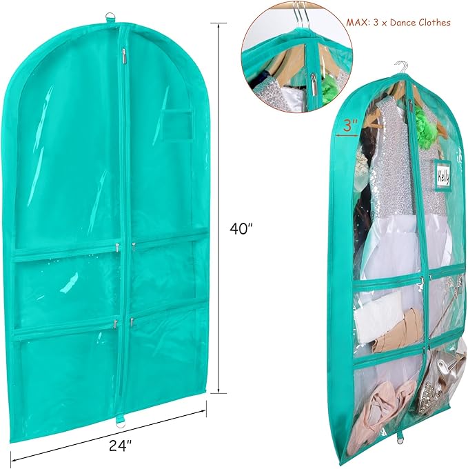 Syeeiex 3" Gusseted Dance Costume Garment Bag(2 Pack), 40'' Dance Garment Bags for Dancers with 4 Zipper Pockets & Can Hold 1-3 Dance Costumes - Suitable for Dance Competitions, Ballet(Green)