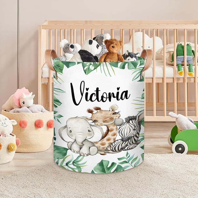 Personalized Laundry Basket, Custom Gift Laundry Hamper, Collapsible Nursery Waterproof Laundry Baskets, Dirty Clothes Toy Hamper with Handles Jungle Animals