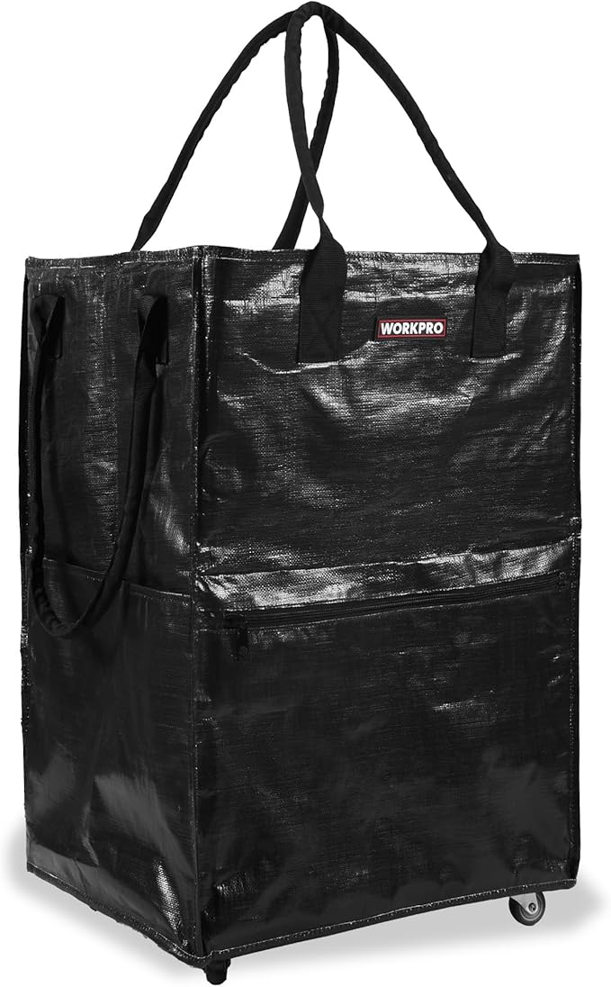 WORKPRO Medium Reusable Grocery Bag on Wheels, Heavy Duty Rolling Shopping Tote with Handle, Folding Trolley on 4 Caster Wheels for Groceries, Laundry, Camping, Moving