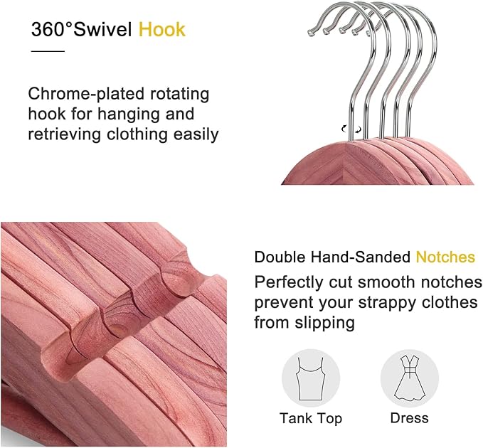 TOPIA HANGER 20-Pack American Red Cedar Wooden Hangers, Clothes Hangers for Closet, Wood Coat Hanger with Smooth Cut Notches, 360° Swivel Hook, Non-Slip Pants Bar-CT54C20