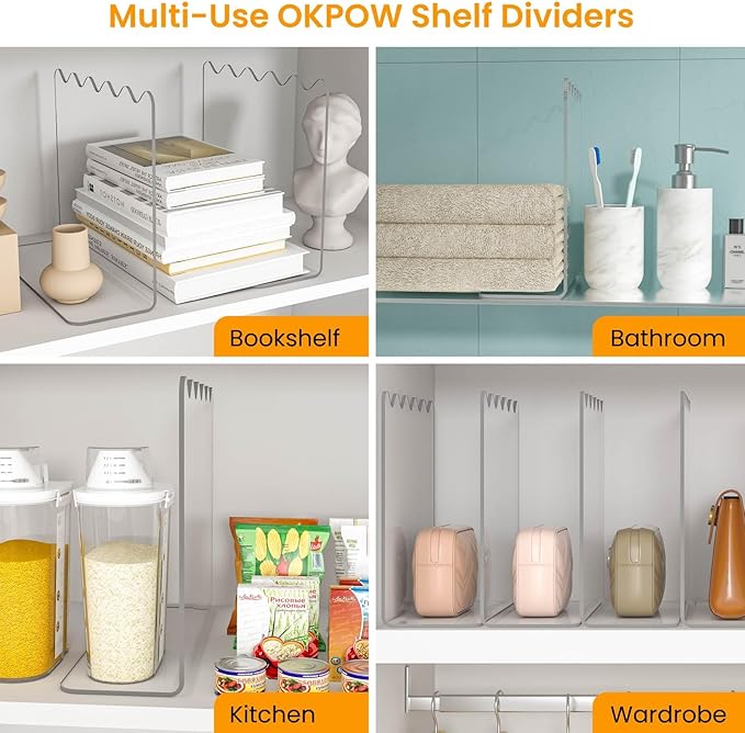 OKPOW Shelf Dividers Purse Organizer for Closet, 10" Tall X 12" Deep, Acrylic Clear, Sturdy Separators for Purse Clothes, Easy Install, Adjustable, Maximize Bedroom Space for Home Organizer, 12 Pack