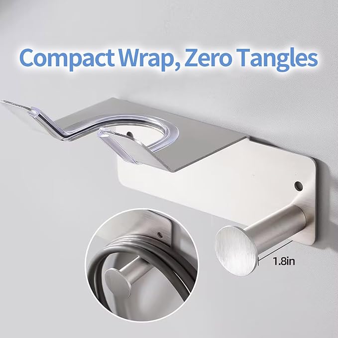 Hair Dryer Holder, Dyson Hair Dryer Holder, Blow Dryer Holder with Cord Hook SUS304 Stainless Steel Wall Mount, Self Adhesive/Screw Space Saving Hairdryer Holder for Bathroom Silver