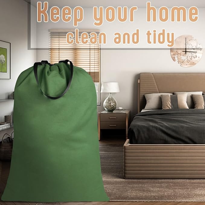 Sanlykate Large Canvas Cotton Laundry Bag with Drawstring & Handles, Heavy Duty Durable Dirty Clothes Organizer, Tear Resistant Hamper Liner Storage Bag, Travel Sack, 25.5 x 34inch - Army Green