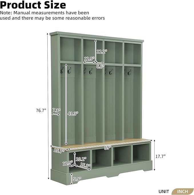 Farmhouse 59" Wide Hall Tree with 8 Hanging Hooks, Wood Grain Bench with Open Compartments, 76.7" H Entryway Shoe Rack Coat Hanger for Living Room Mudroom Hallway (Green-8.26)