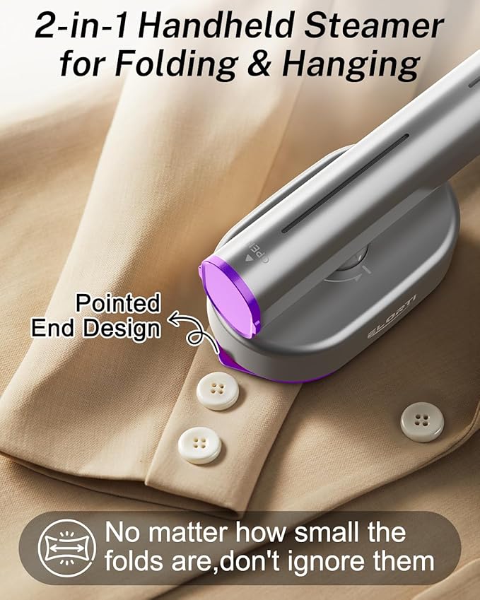 Steamer for Clothes ELORTI, Travel Clothes Steamer Handheld Portable Mini Small, 2-in-1 iron with 10s Fast Heat-Up, Rotatable Head 1200W, 110-120V, Office & Home, purple