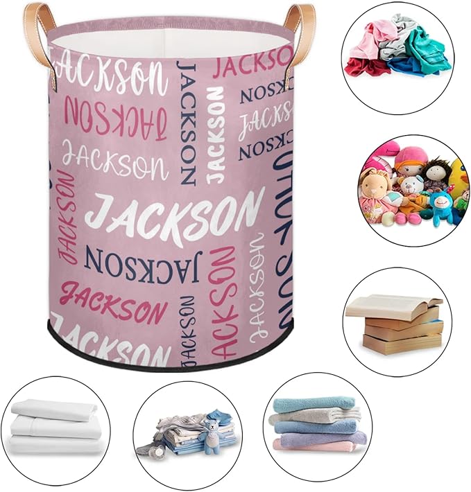 Custom Name Large Laundry-Basket for Kids-Boys-Girls, Personalized Foldable Waterproof Laundry Hamper Dirty Clothes Toys Storage Bin with Handles,Pink 2