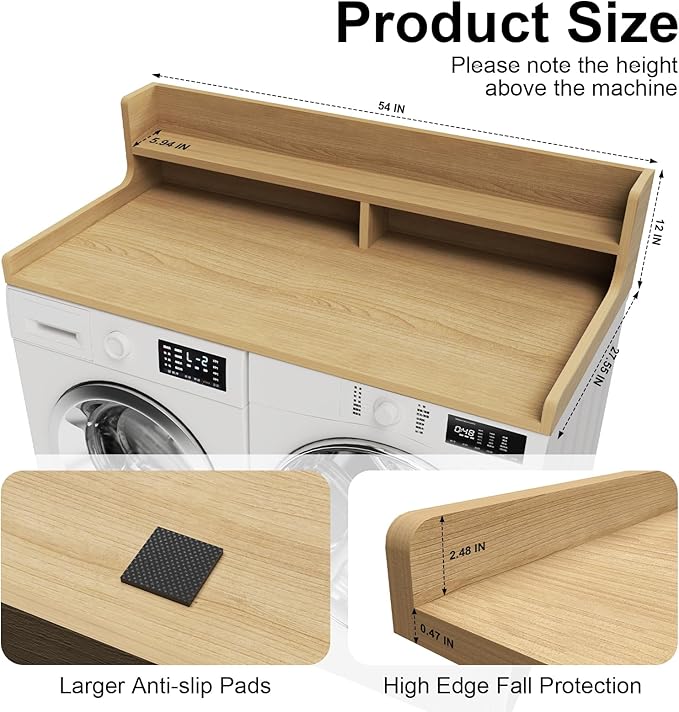 Washer Dryer Countertop, 54" x 27.55" 2-Tier Washer Dryer Topper with Edge, for Laundry Room Organization Oak
