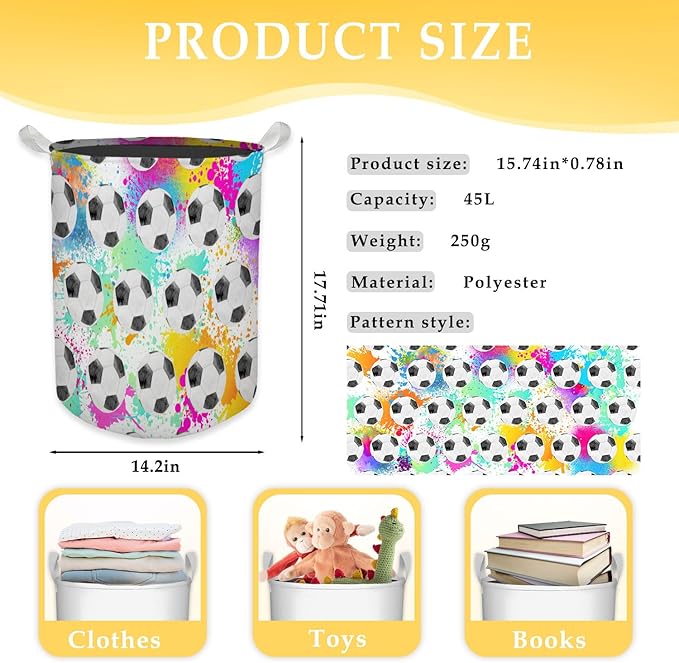 Colorful Football Laundry Basket, Toybox for Boys Room, Kids Laundry Basket Hamper Waterproof Collapsible Clothes Toys Storage Bin Organizer for Bedroom Bathroom Boys Room Dorm