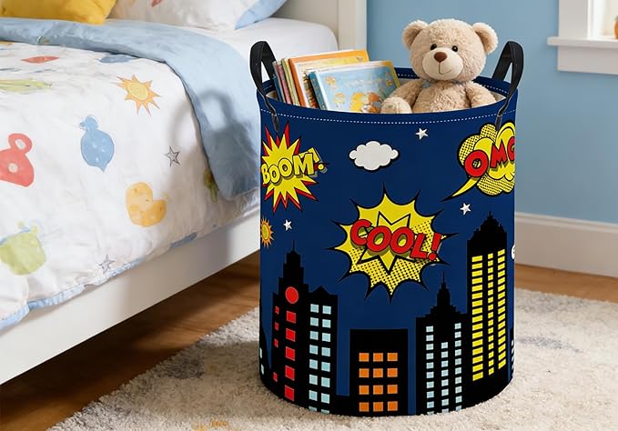 ESSME Kids Laundry Basket,Spider Hamper Collapsible Canvas Waterproof Storage Bin foBoys, Cute Hamper,Gift Baskets(Blue City)