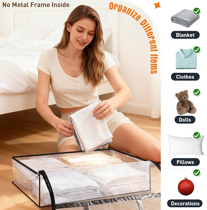 Clear Under Bed Storage Containers - 4 Pack Large Capacity Clothes Storage Bags with Lid & Sturdy Handles, Foldable Moving Bags, Clothing Organizer Totes for Bedding, Comforter, Sheet（40 L）