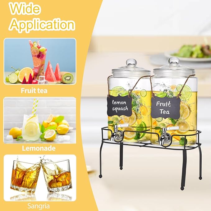 1 Gallon Glass Drink Dispenser Set of 2, Drink Dispensers for Parties, Beverage Dispenser with Stand, Glass Lid, 100% Leakproof Spigot, Ideal for Lemonade, Juice, Iced Tea, Laundry Detergent Dispenser