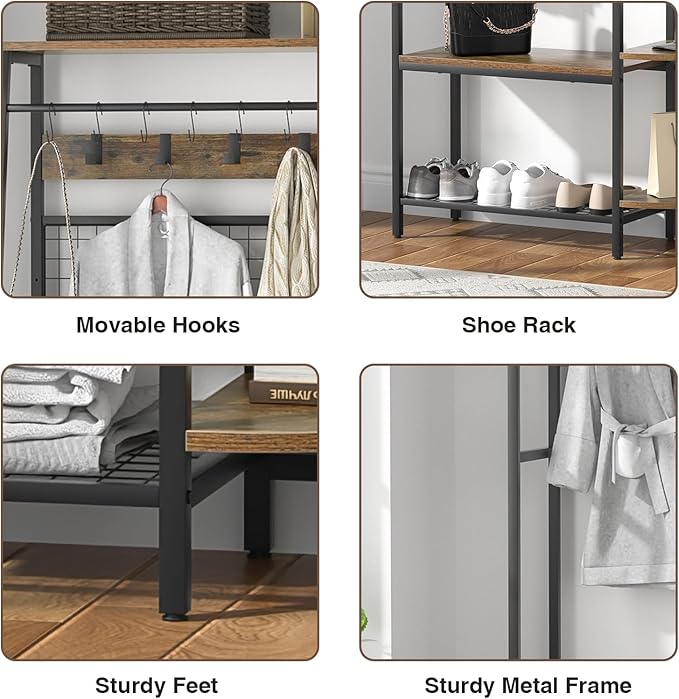 Giluta Coat Rack, 70" Hall Tree with Bench and Shoe Storage, Freestanding Entryway Coat Storage Rack with Hooks and Wooden Storage Shelves for Entryway, Living Room, Bedroom