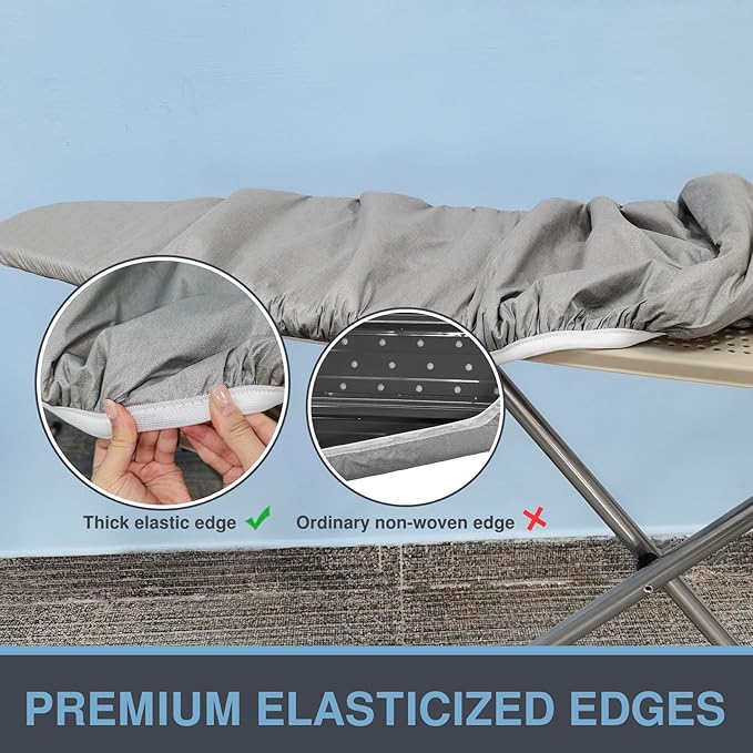 Ironing Board Cover and Pad 18x54, Thick Padding, Elastic Edge, Silicone Coated, Resist Scorching, Adjustable Fastener, Heavy Duty Padded Iron Board Covers (Grey)