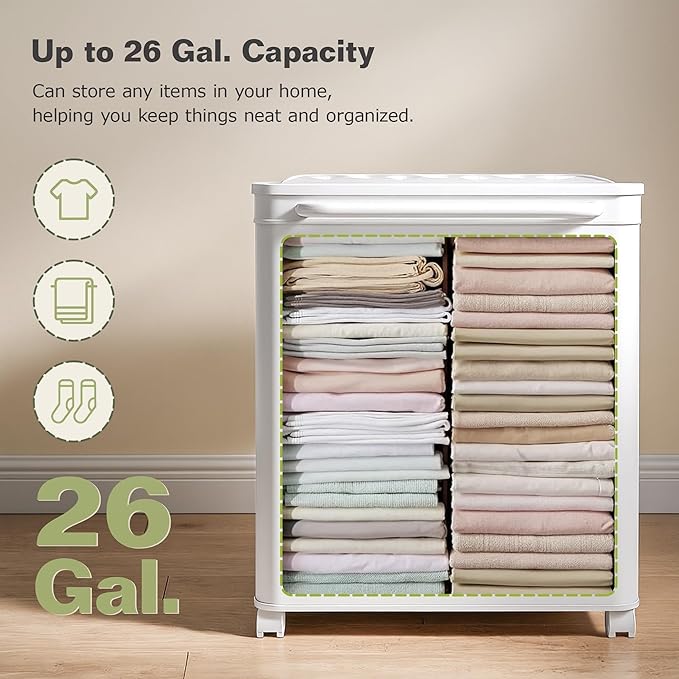 VECELO Rolling Storage Bins with Lid, Plastic Organizers Cart with Wheels & Handle, Foldable Storage Containers for Laundry, Bathroom, Bedroom, 19.3" x 13.8" x 25.0", White