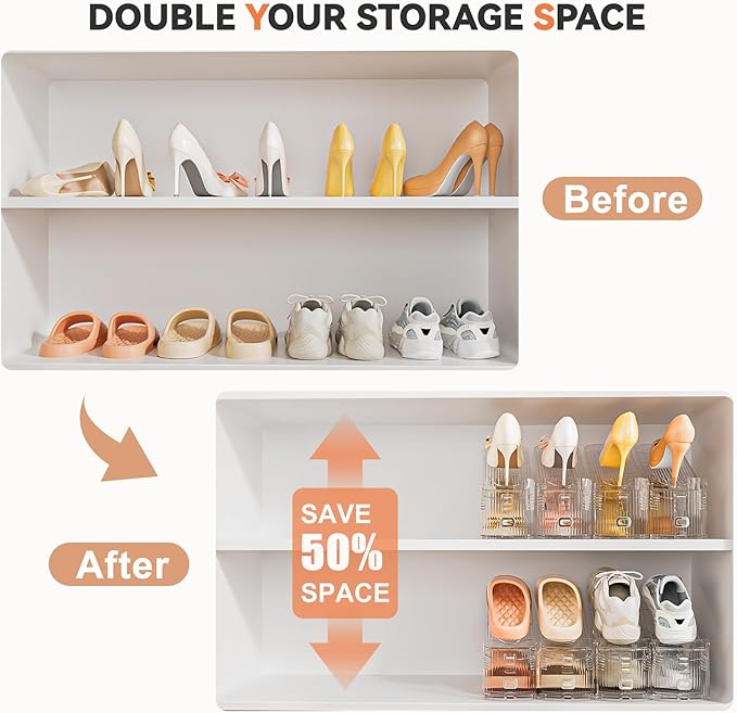 Neprock Shoe Slots Organizer for Closet,12 Pack Acrylic Shoe Stackers for A Pair of Shoes,3 Levels Adjustable Shoe Rack Storage Shoe Space Saver 50%(Clear,12 Pack)